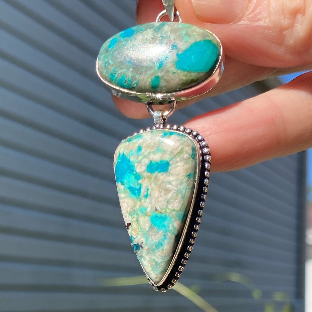 ❤️ Vintage Sterling Silver Stamped Chrysocolla Pendant